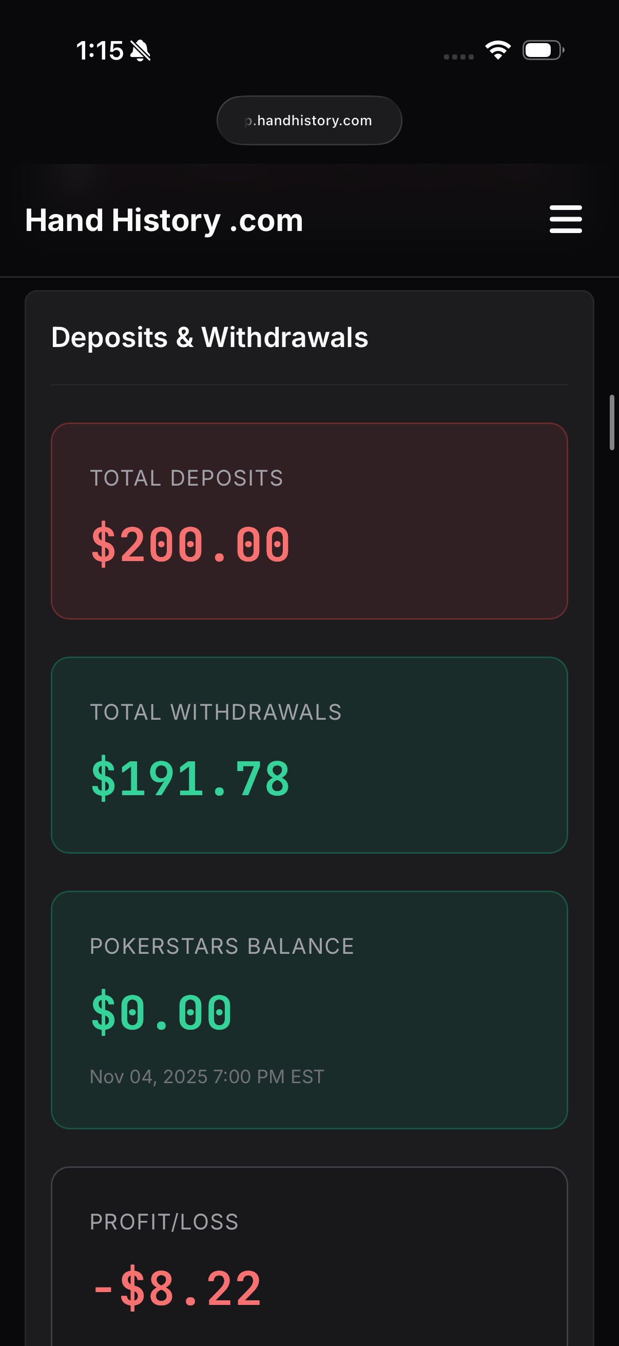 Poker bankroll management showing deposit and withdrawal tracking and cashout history