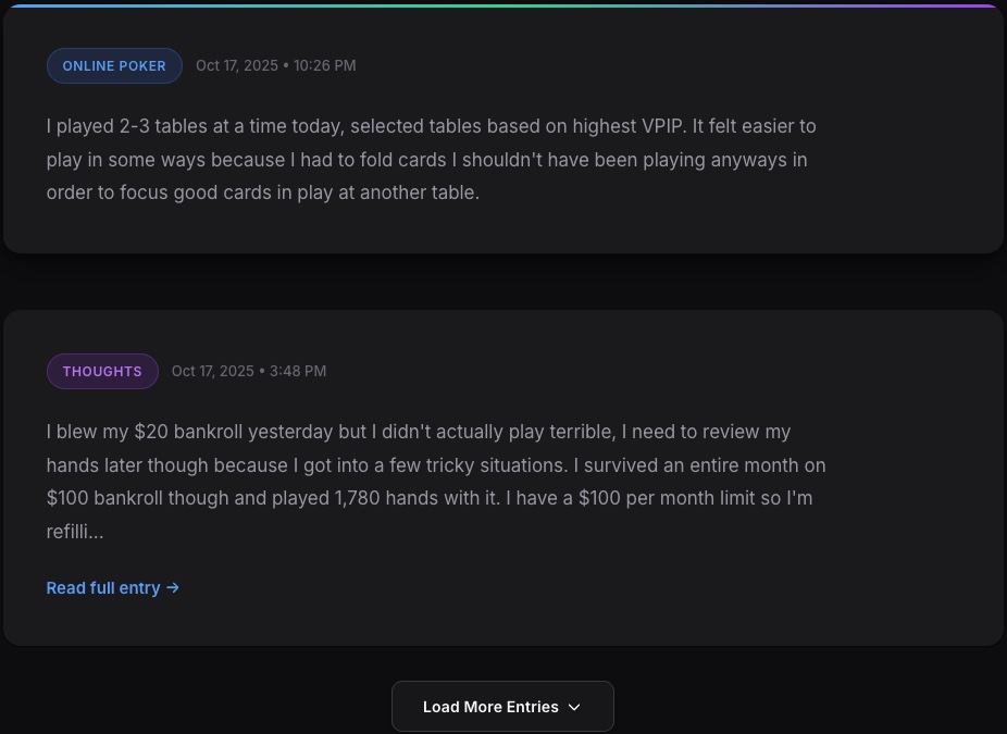 Poker session journal for tracking mental game, notes and session reflections